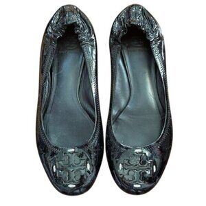 TORY BURCH Truffle Black Patent REVA Logo Embossed Driving shoes ballet flats
